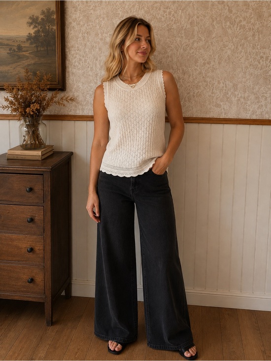 Tops - Vintage Ivory Pointelle Knit Sleeveless Top – Approx. Medium / Oversized Small